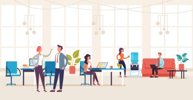 İnsanlar ofis çalışanlarının karakterleri konuşuyor ve çalışıyor. Ofis hayatı iç mekan kavramı. Vektör düz grafik tasarım çizimi