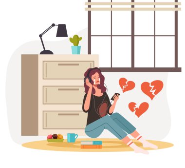 Genç kadın karakter müzik dinliyor ve ağlıyor. Vektör düz grafik tasarım çizimi