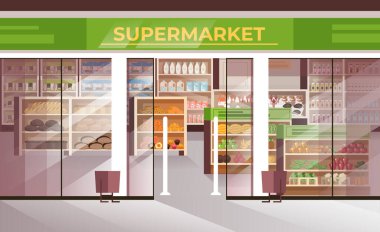 Yiyecek süpermarket konsepti dışında. Vektör düz grafik tasarım çizimi