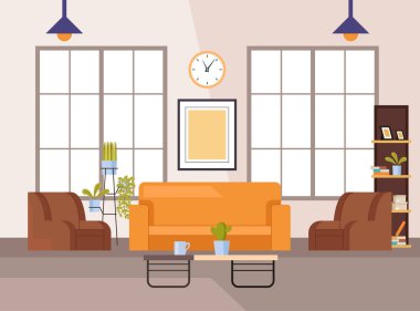 Oturma odası modern iç mekan konsepti. Vektör düz grafik tasarım çizimi