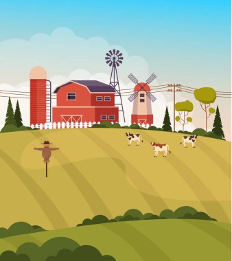 Çiftlik arazisi tarım çayırı kavramı. Vektör düz grafik tasarım çizimi
