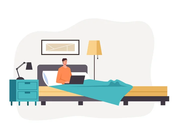 Man Freelancer Personage Die Thuis Bed Werkt Vector Platte Grafische — Stockvector