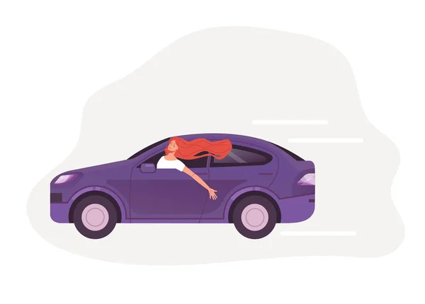 Personaje Mujer Conduce Coche Ilustración Diseño Gráfico Plano Vectorial — Vector de stock