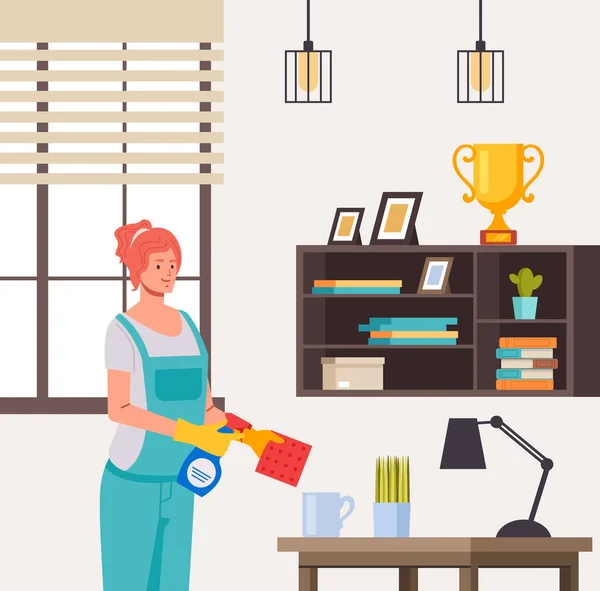 Woman Worker Cleaning Room Office Concept Vector Flat Graphic Design — Stock Vector