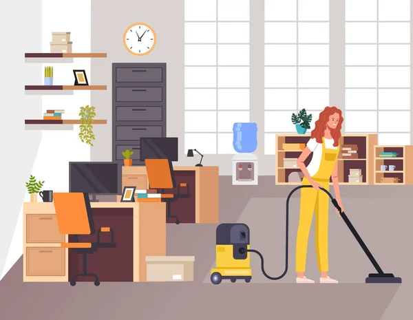 일하는 사람을 청소하는 여자가 사무실을 디자인 일러스트 — 스톡 벡터