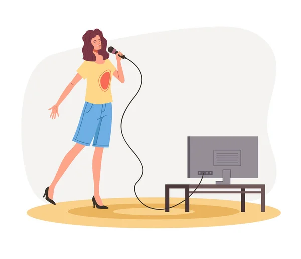 Frauenfigur Die Hause Karaoke Singt Vektorebene Grafik Design Illustration — Stockvektor