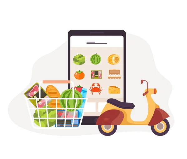 Online Internetes Élelmiszer Rendelés Mobil Alkalmazás Szállítási Koncepció Vektor Lapos — Stock Vector