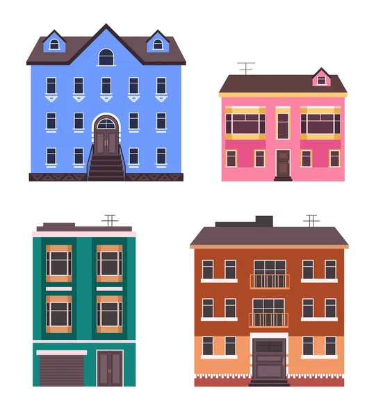 Edifício Casa Isolado Conjunto Simples Desenho Gráfico Desenho Animado Plano — Vetor de Stock