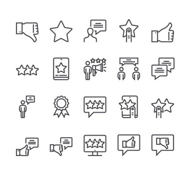 İzole edilmiş simge setini geri bildirim incelemeleri. Vektör düz çizgi film grafik tasarımı