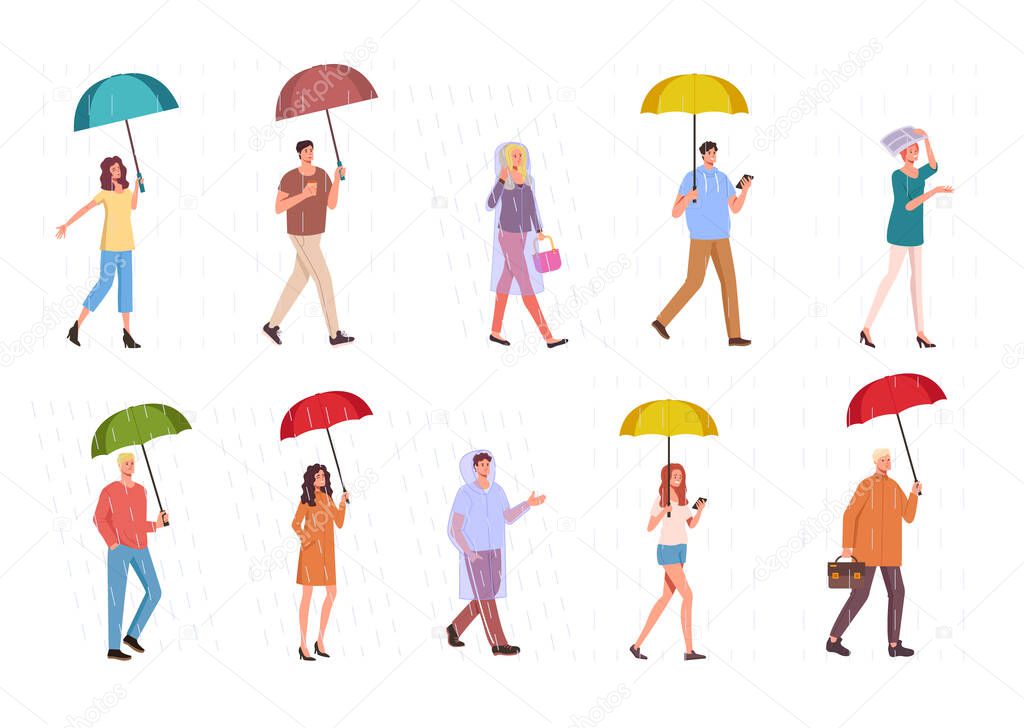 People walking under rain isolated set. Vector flat cartoon graphic design illustration