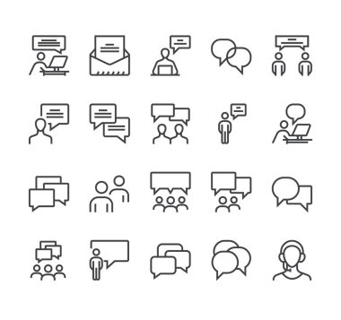 İletişim konuşma balonu çizgisi simgesi izole edildi. Vektör düz grafik tasarımı
