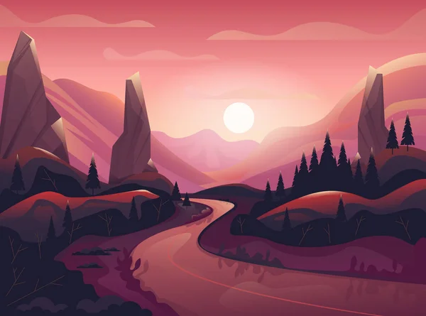 Mañana Carretera Puesta Del Sol Amanecer Fondo Ilustración Dibujos Animados — Vector de stock