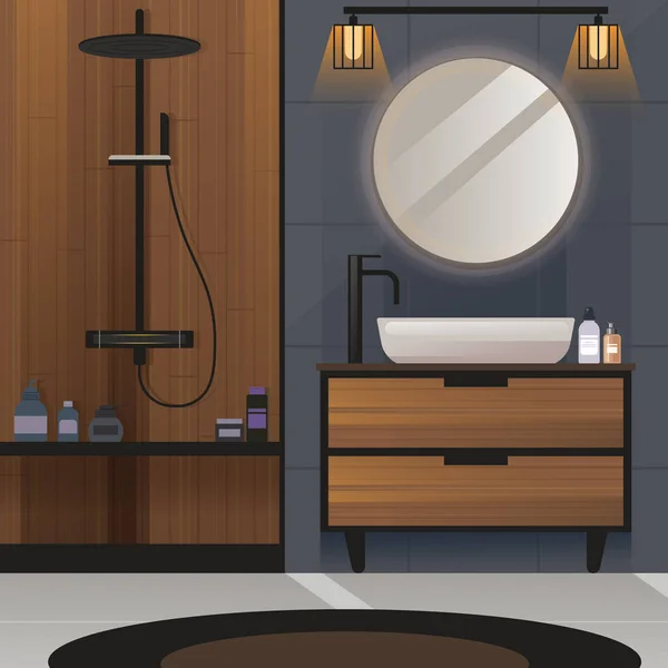 Bathroom Flat Interior Render Project Idea Design Wooden Decoration Vector — Stock Vector