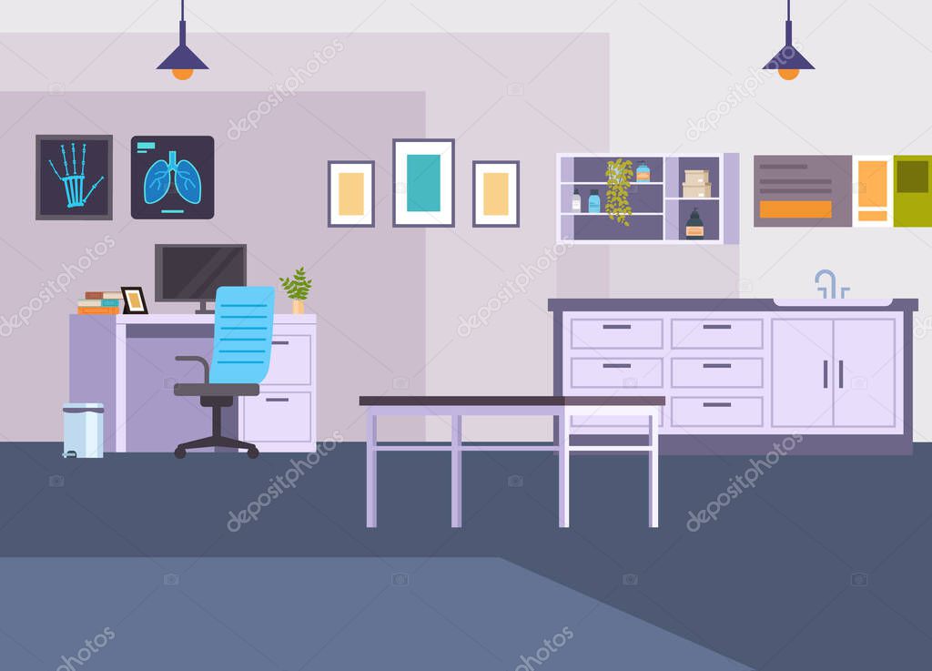 Doctor office interior medicine healthcare concept. Vector flat graphic simple illustration