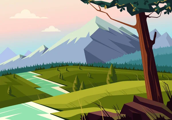 Forest Panorama Landscape Meadows Concept Vector Flat Graphic Design Cartoon — Stock Vector