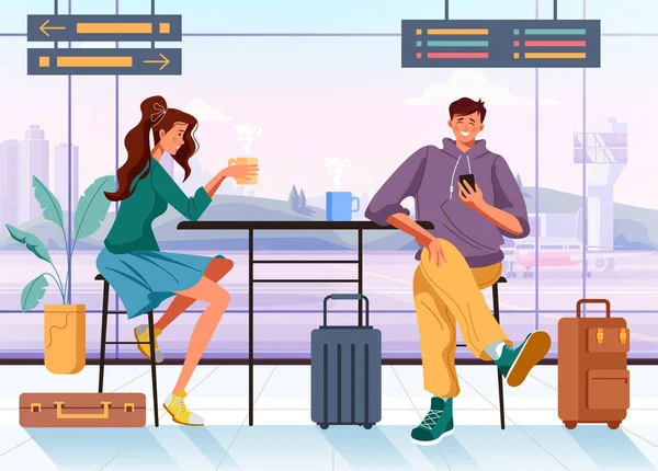 People Man Woman Tourists Travelers Characters Waiting Arrival Airplane Concept — Stock Vector