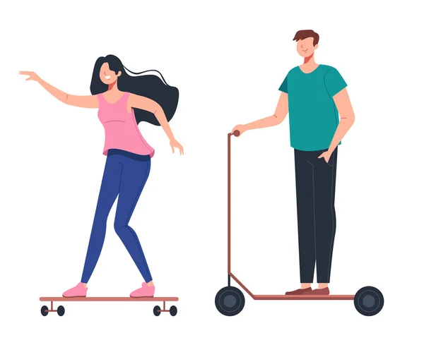 Two People Boy Girl Roller Blading Concept Vector Flat Graphic — Stock Vector