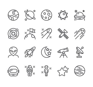 Uzay kozmosu gökyüzü ince çizgi basit izole simge seti