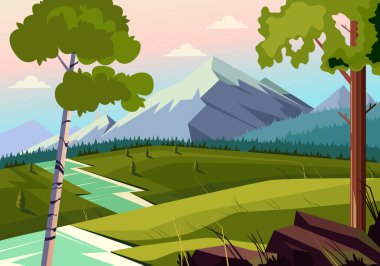 Peyzaj nehri doğası çayır konsepti. Vektör düz grafik tasarım çizimi