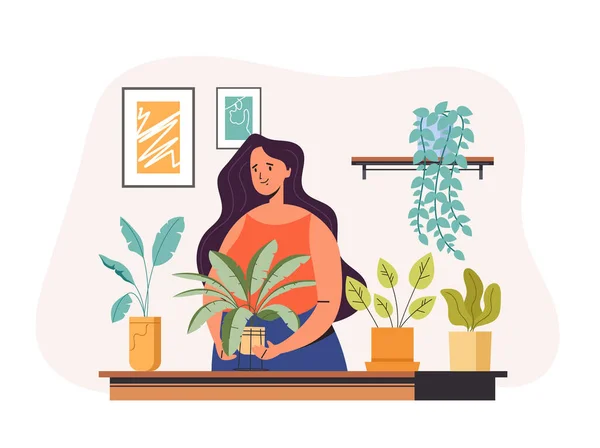 Caractère Femme Prenant Soin Arrosant Des Plantes Maison Illustration Graphique — Image vectorielle