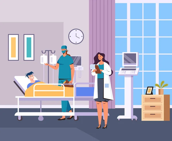 患者のキャラクターベッドや医師の相談を敷設 救急医療室のコンセプト ベクターフラットグラフィックデザインイラスト — ストックベクタ