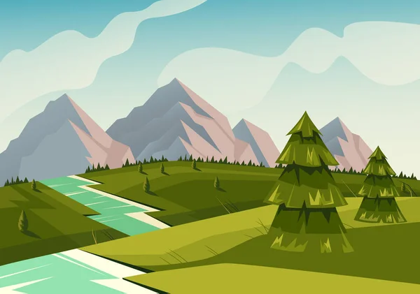 風景川の自然牧草地モミのコンセプト ベクターフラットグラフィックデザインイラスト — ストックベクタ