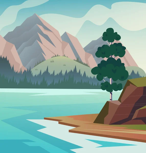 Концепція Ландшафтної Річки Природа Луки Дерево Пагорбів Вектор Плоский Графічний — стоковий вектор