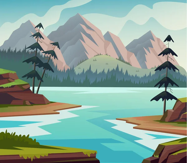 Paisaje Río Naturaleza Prados Abeto Pino Colinas Concepto Ilustración Diseño — Vector de stock