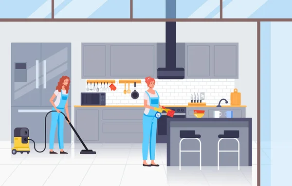 Mulheres Limpeza Trabalhadores Personagens Cozinha Limpa Conceito Serviço Limpeza Ilustração —  Vetores de Stock