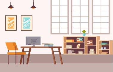 Ofis içi mobilya iş yeri konsepti. Vektör düz grafik tasarım çizimi