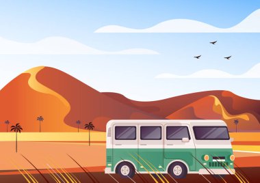 Çöl safarisi mini otobüs turizmi konsepti. Vektör düz grafik tasarım çizimi