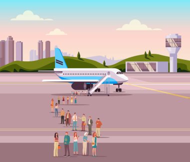 İnsanlar sırada bekleyen ve uçağa binen turistler. Ulaşım yolculuğu konsepti. Vektör düz grafik tasarım çizimi