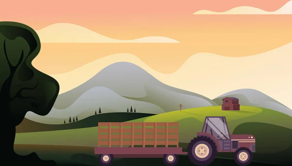 トラクターで農地 農業の概念 ベクターフラットグラフィックデザインイラスト — ストックベクタ