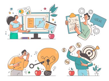 İş adamları karakterleri ofis işçileri takım yöneticileri konsept set koleksiyonu. Vektör grafik tasarım ögesi çizimi