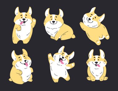Galli Corgi köpeği, sevimli köpek yavrusu çıkartması çizgisi sanat seti. Vektör grafik tasarım çizim ögesi