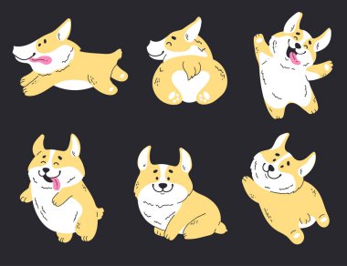 Galli Corgi köpeği, sevimli köpek yavrusu çıkartması çizgisi sanat seti. Vektör grafik tasarım çizim ögesi