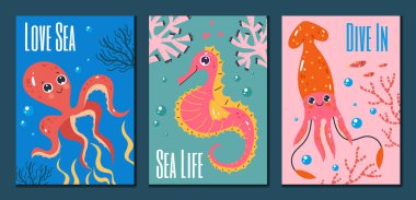 Deniz hayvanı okyanusu, su altında sevimli el ilanları, izole edilmiş konsept. Vektör grafik tasarımı illüstrasyonu