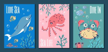 Deniz hayvanı okyanusu, su altında sevimli el ilanları, izole edilmiş konsept. Vektör grafik tasarımı illüstrasyonu