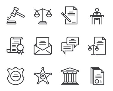 Hukuk ve Adalet Divanı yetkilileri izole edilmiş bir ikon çizgisi oluşturdular. Vektör düz grafik tasarım çizimi