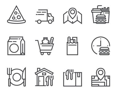 Yemek teslimatı ikon seti. Vektör düz çizgi film grafik tasarımı