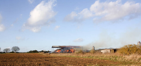 Barn fire on a farm