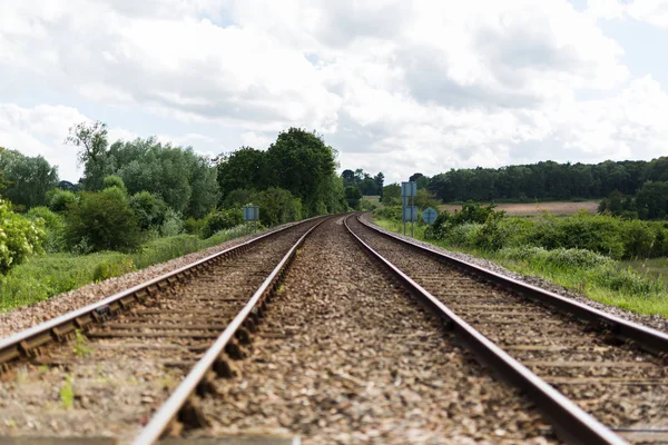 Boş bir tren yolu, kırsal kırsal bir ufuk noktasına giden 2 parça vardır