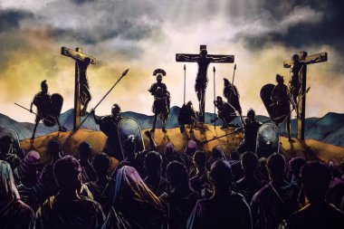 Williamstown, Ky, Usa 'daki Ark Encounter müzesinde sergilenen Calvary' de İsa 'nın çarmıha gerilişinin sanatsal bir örneği.