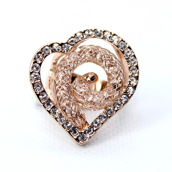 Rose Tone White Crystal Heart Ring Big Золота Пальмова Гілка — стокове фото