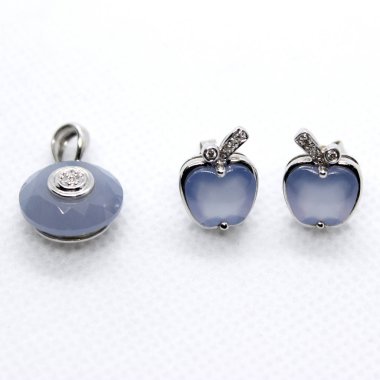 Mavi Kalsedon Apple Küpe / kolye Set - 14 k beyaz altın katı yeni yuvarlak