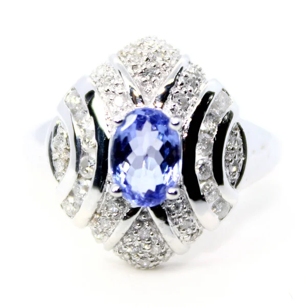 Blauer Edelstein Diamant Weißgold Ring — Stockfoto