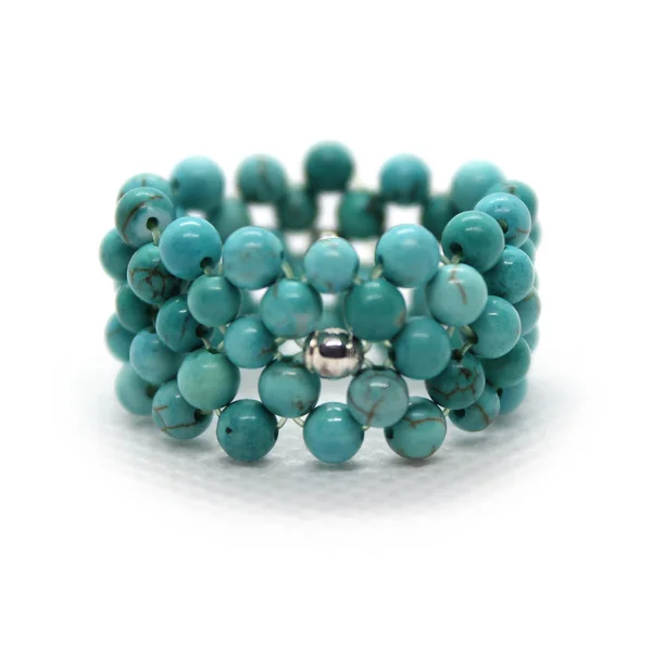 Turquoise Bead Stretch Ring w/ Silver Focal Bead