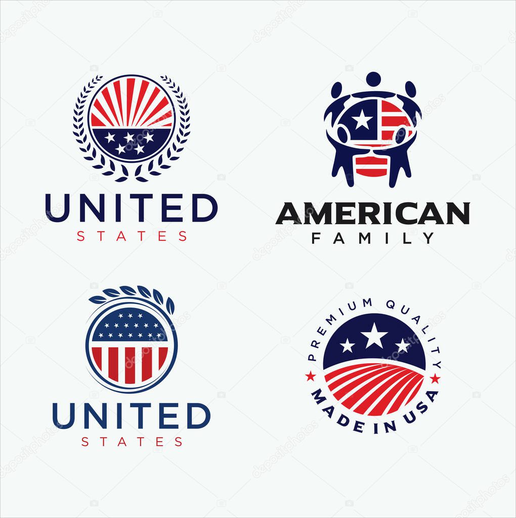 Set Of United States Logo Design Vector Stock . Made in usa Logo american flag . USA logo . American Flag Logo