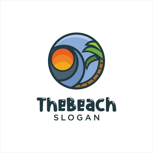 Sun Beach Logo Tasarım Vektörü Plaj Manzarası Palmiye Ağacı Logosu — Stok Vektör