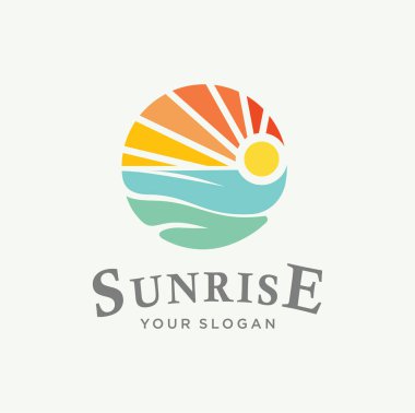 Sunset plaj logosu peyzaj tasarımı Şablon Vektör çizimi. Yaz Dalgası Güneş Logosu Tasarım Simgesi. Okyanus, tropik ve deniz güneş logosu elementi. günbatımı ve gündoğumu konsept sembolü